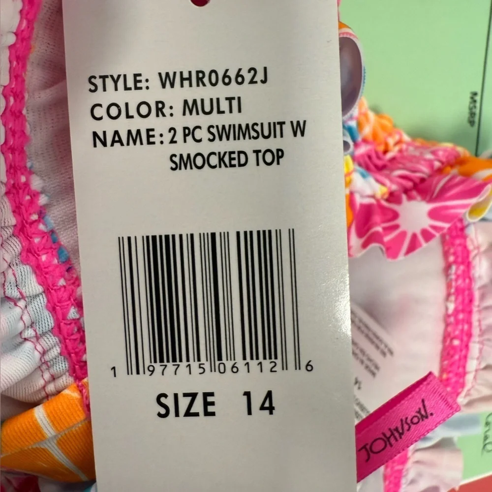 NWT Betsey Johnson Swimsuit 2 Pc Girls 14 Smocked Neon Fruit & Stripes Mix Print